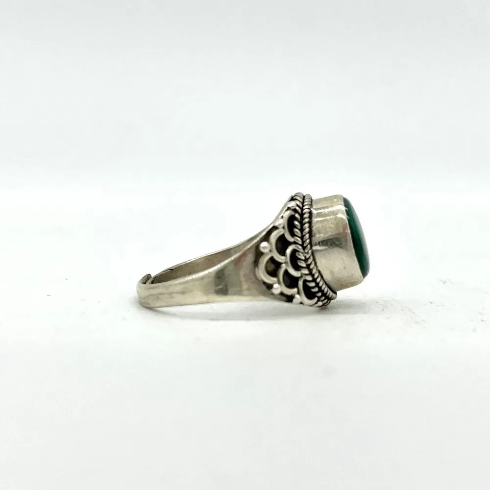 925 Sterling Silver Green Malachite Ring Boho Filigree Ornate Adjustable Size 10